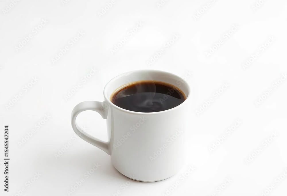 Steaming hot coffee fills a pristine white mug against a stark white backdrop, product photography, still life Steaming hot coffee fills a pristine white mug against a stark white backdrop, product photography, still life