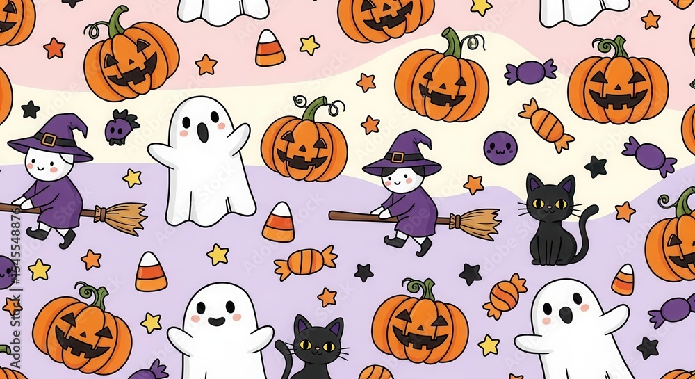 Fototapeta premium Whimsical Halloween Pattern with Pumpkins Ghosts Cats Witches Candy and Falling Leaves Design for Celebration Background
