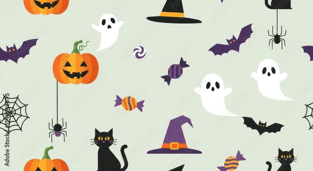 Fototapeta premium Halloween Theme Celebration Pattern with Pumpkins Ghosts Cats and Bats Decorative Cute Design for Party or Event