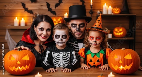 A Happy Family Dressed Up for Halloween Celebrating Together with Pumpkins and Glowing Candles a Spooky Night