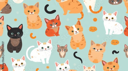 Adorable seamless pattern featu cute cartoon kittens in various colors and poses on a pastel blue background perfect for kids textile designs.