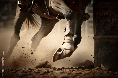 A dramatic closeup of a cowboy boot in a stirrup during a rodeo ride, dust and motion captured sharply.