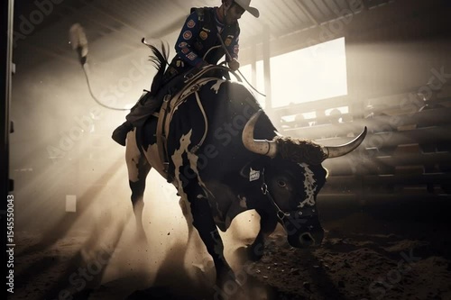 A rodeo bull flings its rider mid-air in a burst of backlit light and raw power.