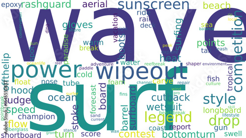 Colorful surfing word cloud filled with ocean sport terms like wave, surf, wipeout, power, and board styles for beach activities.