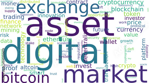 A vibrant word cloud about the digital asset market, featuring terms like cryptocurrency, bitcoin, blockchain, and trading.