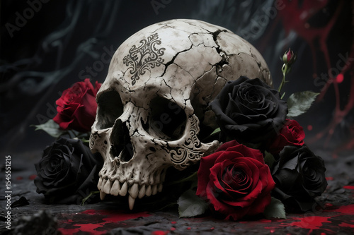 Gothic Skull with Red and Black Roses Dark Romantic Still Life