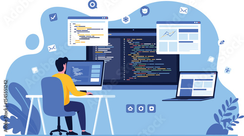 flat vector illustration web design and web application design process concept. with a web designer and developer programmer team working.