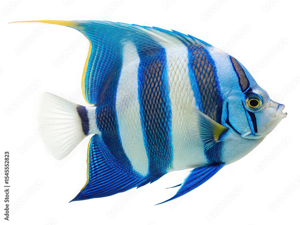Naklejka premium Striped Angelfish swimming underwater, vibrant blue and white, tropical fish