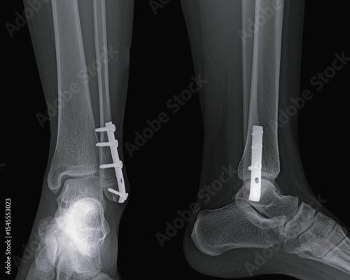 Internal fixation in ankle  X-ray of fractured ankle  that has been fixed with Internal fixation to stabilize bone fractures and promote healing	