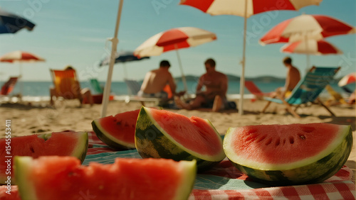 Beach picnic with retro umbrellas and watermelon slices, vintage summer mood