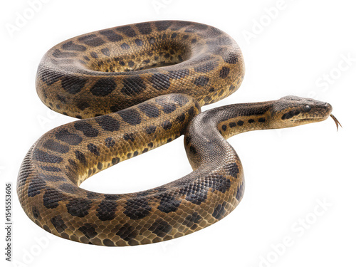 Green Anaconda coiled, isolated on black background, showing detailed scales and texture