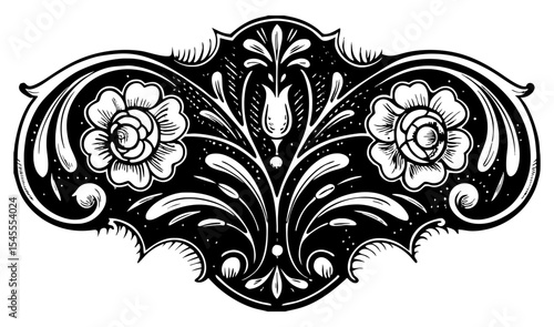 A richly detailed black and white ornamental scroll with two prominent floral blossoms and intricate swirling foliage, perfect for vintage borders, dividers, or decorative accents.