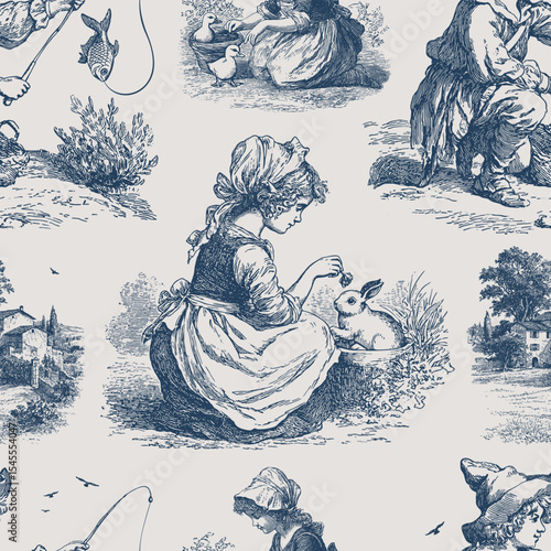 Seamless vector pattern with romantic pastoral scenes. Vintage engraving or ink drawing style vector illustration.