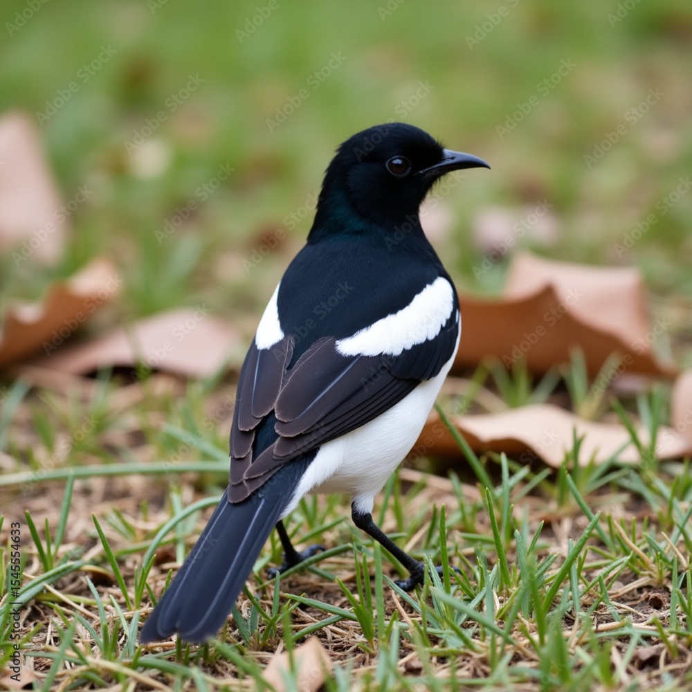 Black-white bird standing on green grass in a natural outdoor setting. Doyel, National Bird of Bangladesh Black-white bird standing on green grass in a natural outdoor setting. Doyel, National Bird of Bangladesh