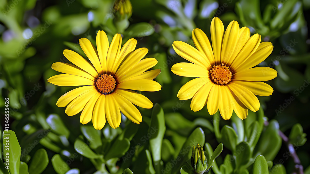 Twin yellow daisies blooming among green foliage Twin yellow daisies blooming among green foliage