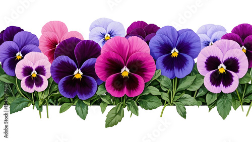 Vibrant Pansy Flowers Row Purple Pink Violet Shades Botanical Illustration isolated on a transparent background