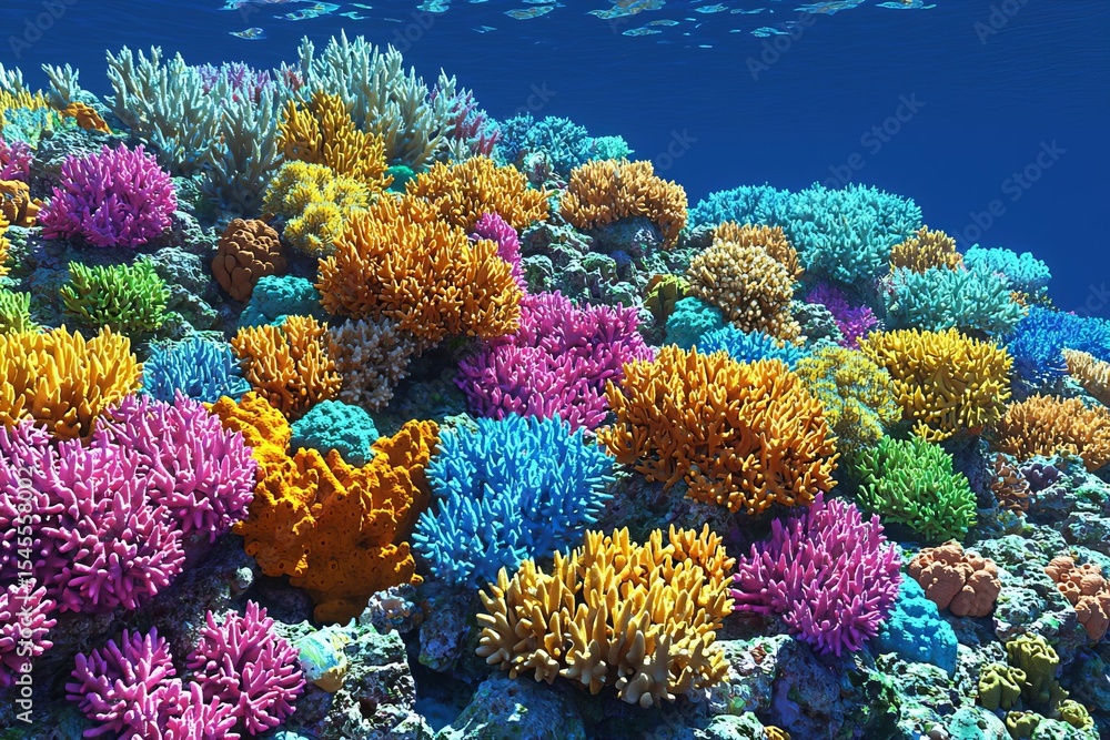 Naklejka premium Ocean underwater landscape with clay coral reefs 3d background design. Generative AI , isolated on white background, , copy space, copy space for text,