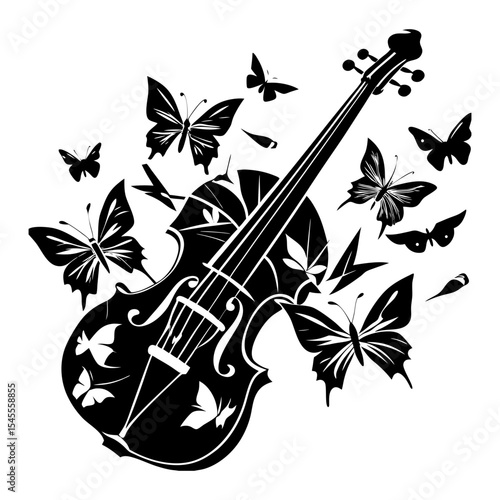 A striking black and white illustration of a violin surrounded by various butterflies, some appearing to emerge from its body, symbolizing the melodic beauty of music and nature.