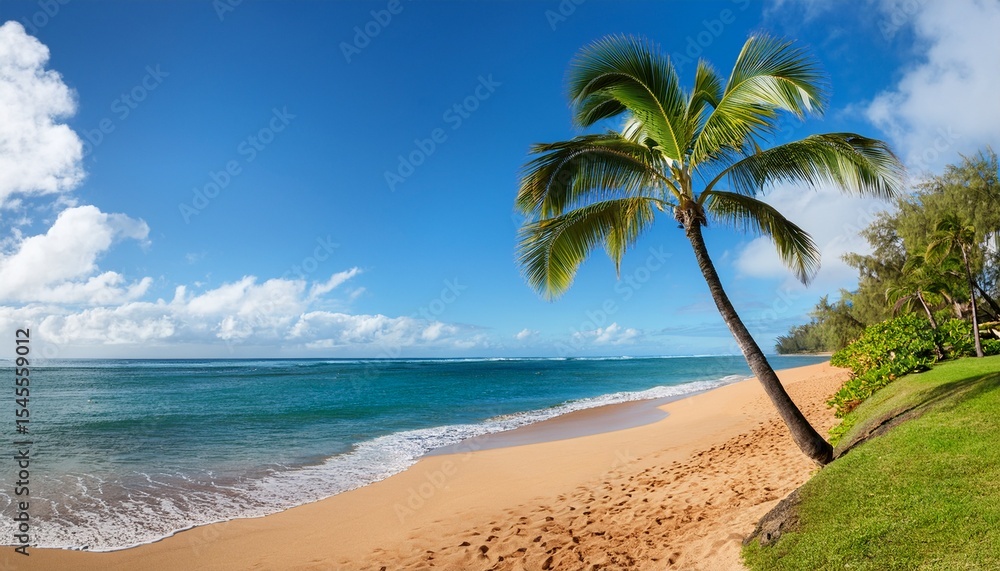 Fototapeta premium coconut palm tree on the sandy beach in hawaii kauai