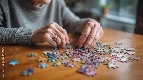 Senior woman engaging in puzzle-solving on wooden table for cognitive health, promoting dementia prevention. Soft natural light, intimate setting with shallow depth of field