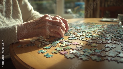 Senior woman engaging in puzzle-solving on wooden table for cognitive health, promoting dementia prevention. Soft natural light, intimate setting with shallow depth of field