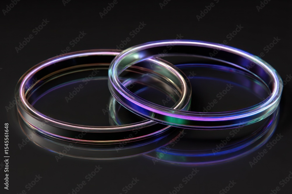 Two rings intertwined with iridescent glow reflecting on a glossy black surface in a studio setting Two rings intertwined with iridescent glow reflecting on a glossy black surface in a studio setting