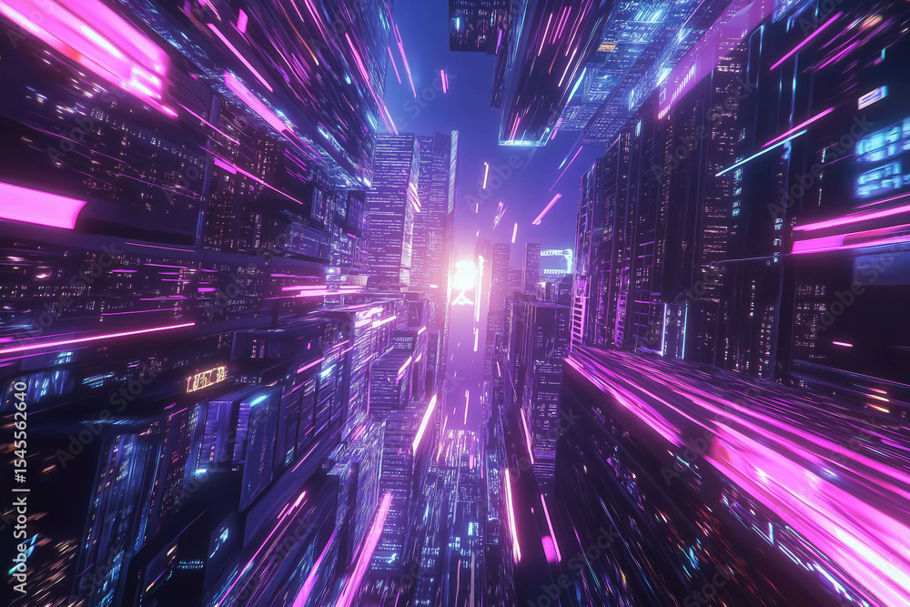 Speed light trails path through smart modern mega city and skyscrapers town with neon futuristic technology background, future virtual reality, motion effect, high speed light, with Speed light trails path through smart modern mega city and skyscrapers town with neon futuristic technology background, future virtual reality, motion effect, high speed light, with
