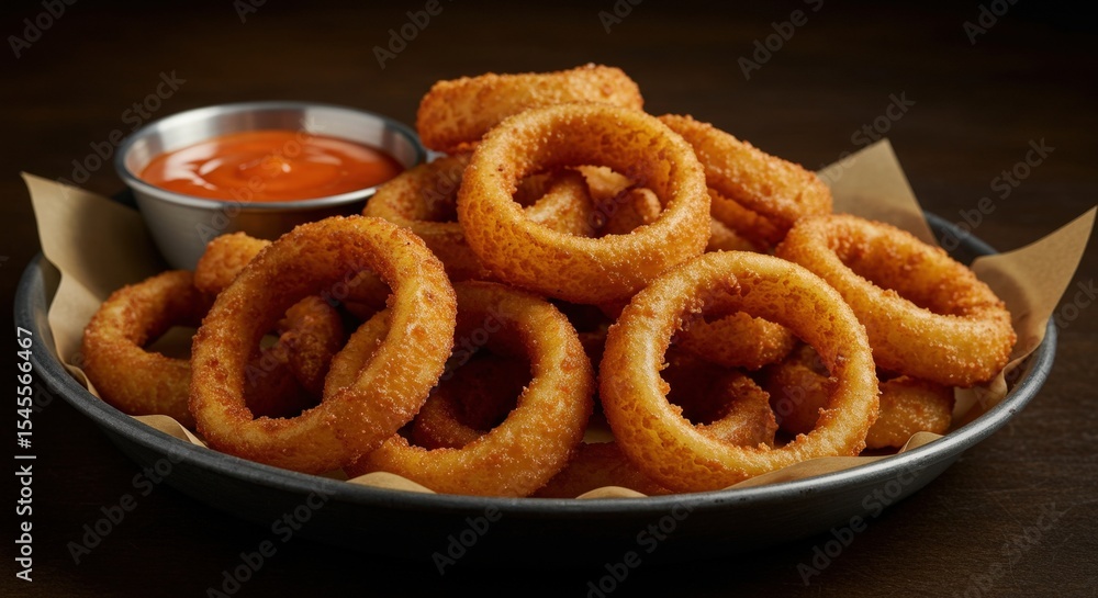Crispy Fried Onion Rings On Dark Plate Crispy Fried Onion Rings On Dark Plate