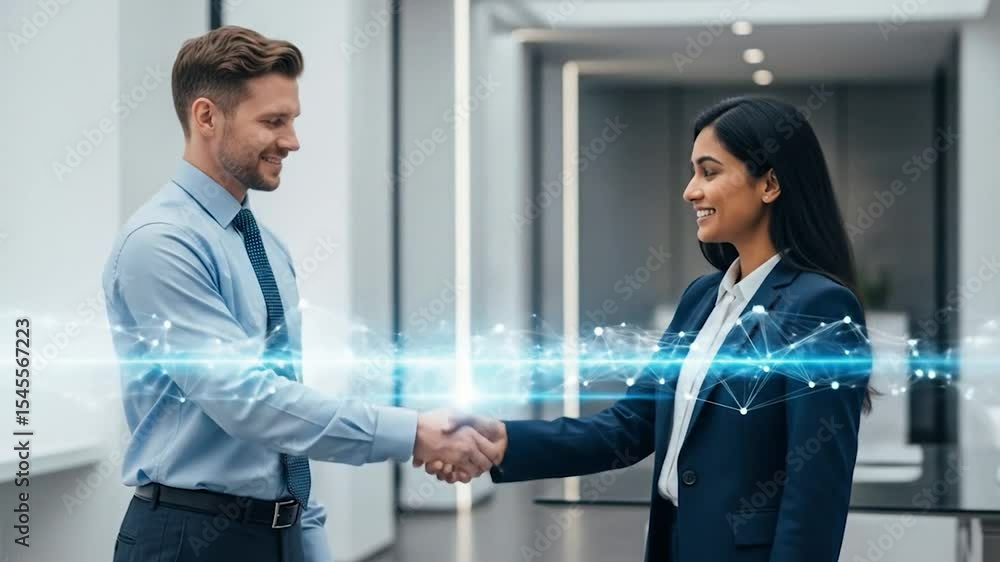 Digital handshake: Man and woman sealing a deal with futuristic technology overlay in modern office Digital handshake: Man and woman sealing a deal with futuristic technology overlay in modern office