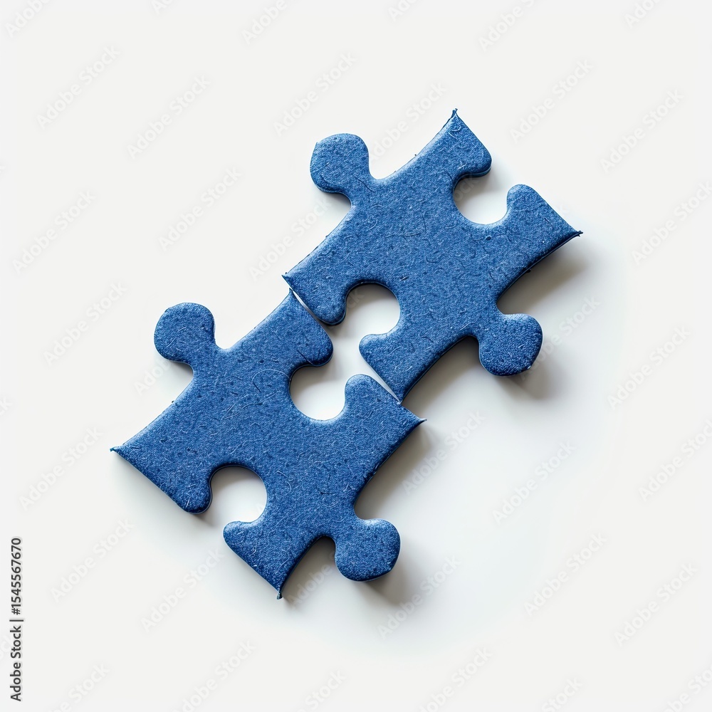 Obraz premium Two interlocking blue puzzle pieces on white background