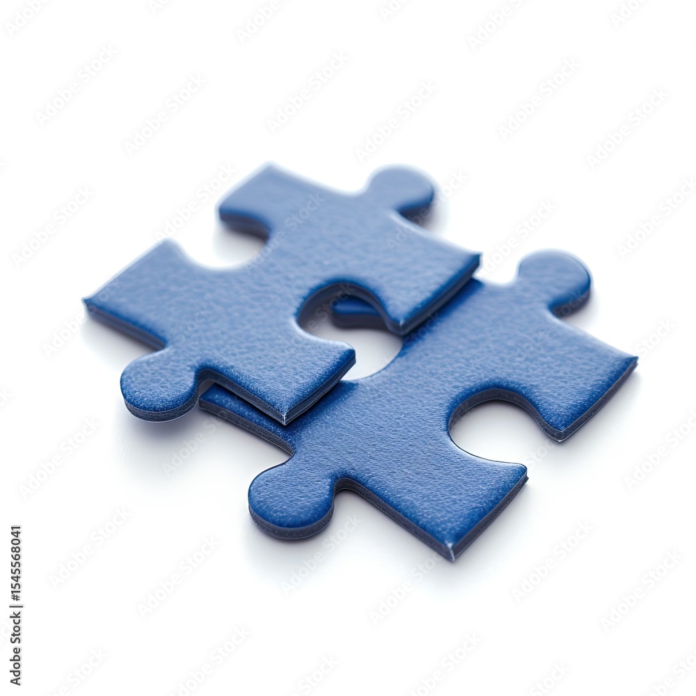Obraz premium Two blue puzzle pieces interlocked on a smooth surface, symbolizing connection and problem-solving. on white background
