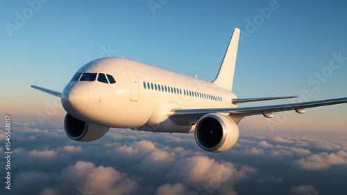 Cinematic of a stylized white airplane flying high above the clouds in a clear blue sky, camera gently orbiting from front to side as soft sunlight reflects off the aircraft in motion