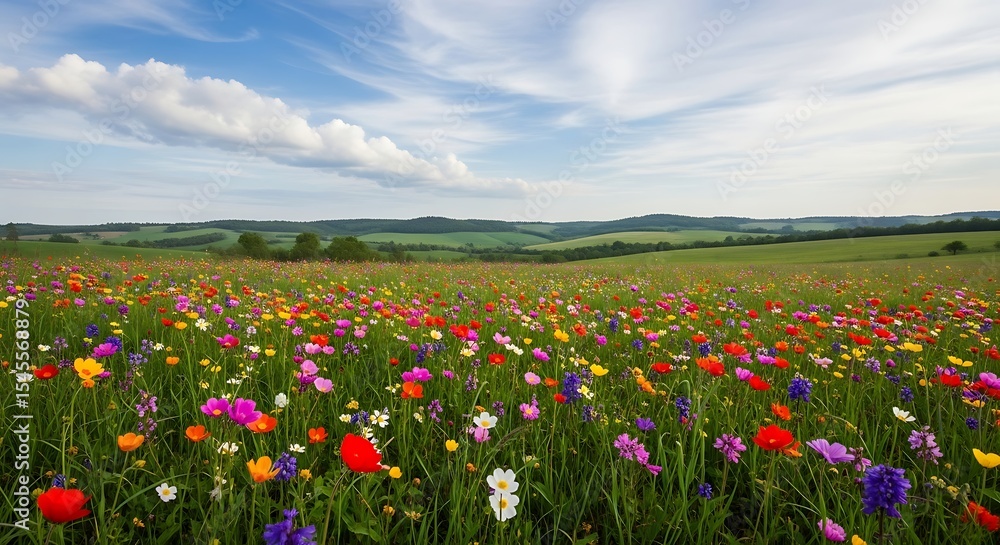 Vibrant Wildflower Meadow Landscape Under a Cloudy Sky Vibrant Wildflower Meadow Landscape Under a Cloudy Sky