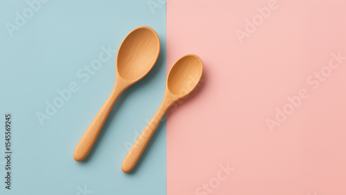 Two Wooden Spoons on Pastel Blue and Pink Background