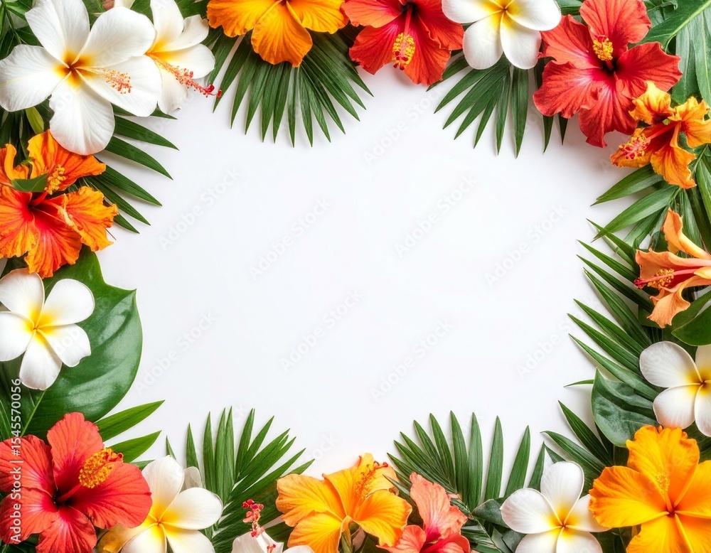 Fototapeta premium Tropical Hibiscus and Plumeria Flowers Frame White Background Tropical Flowers