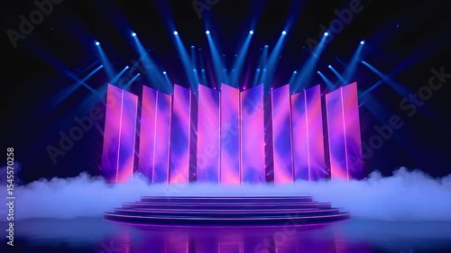 Wide neon lit stage with abstract purple panels and blue spotlights shining through fog and smoke vibrant spotlight creating dramatic dynamic