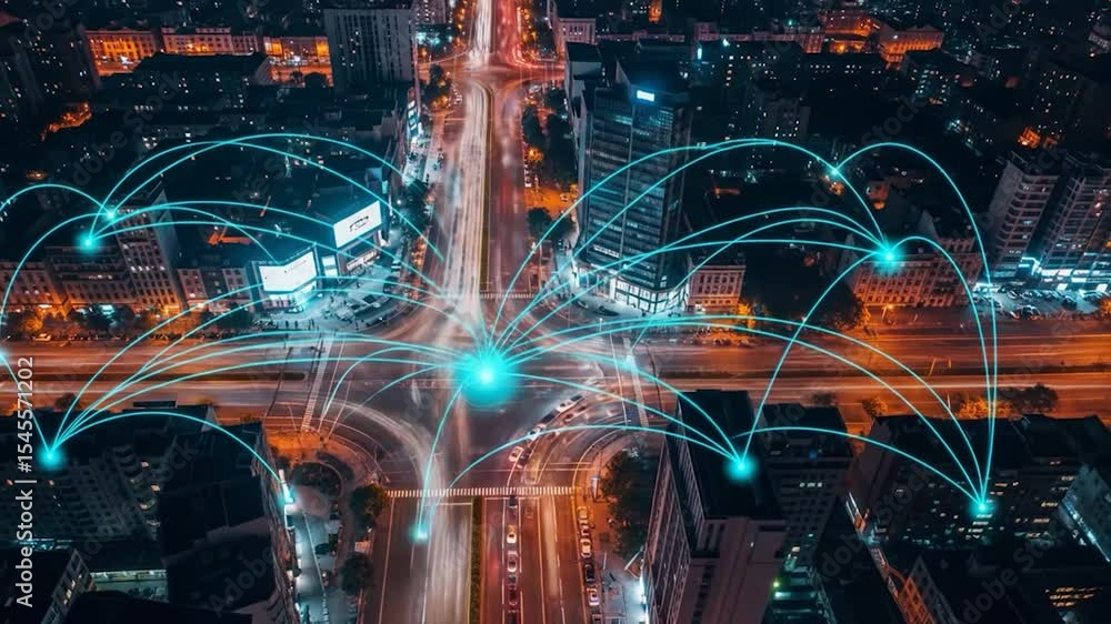 Futuristic Cityscape: Aerial View of Urban Network with Light Trails and Glowing Connections Futuristic Cityscape: Aerial View of Urban Network with Light Trails and Glowing Connections