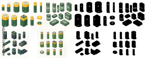 Vector Set Isometric battery cell along with the silhouette Rechargeable alkaline accumulators electronic devices power supplies for compact devices flat vector illustration set. 