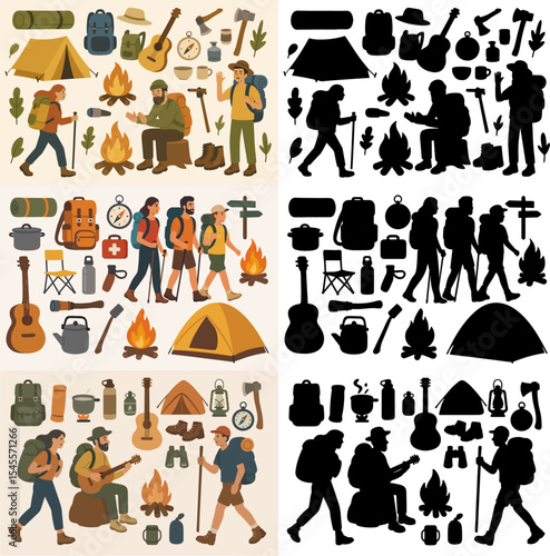 Vector Set Camping equipment, characters and silhouette