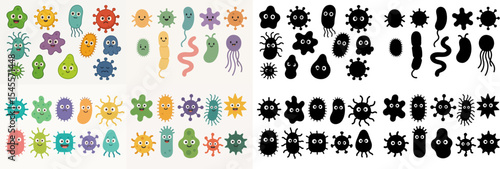 Vector Set Microbes mascots along with the silhouette. Cartoon bacteria microbes and viruses with facial emotions flat vector illustration set. Cute germs and viruses