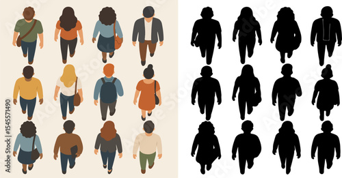 Vector Set People top view along with the silhouette. Walking male and female characters  diverse people group view from above  office workers or students strolling flat vector illustration set.