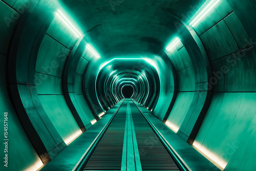 The future technology of high-speed transport. Futuristic bullet train or hyperloop ultrasonic train capsule. The tunnel is located in an urban environment.