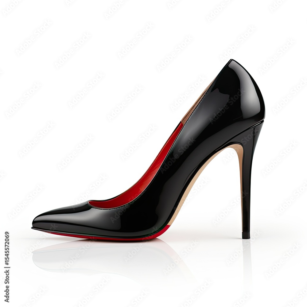 A sleek black high-heeled shoe with a red interior, showcasing elegance and fashion. on white background A sleek black high-heeled shoe with a red interior, showcasing elegance and fashion. on white background