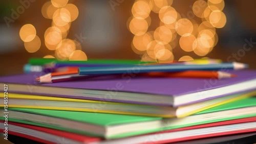 Colorful notebooks stacked with vibrant pencils resting on top create a warm, festive mood with bokeh lights, perfect for back to school content and educational themes