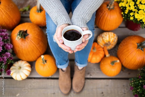 Fototapeta Naklejka Na Ścianę i Meble -  Woman holding coffee surrounded by pumpkins on porch enjoying autumn season and fall colors