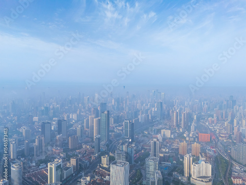 Wallpaper Mural Aerial view of Shanghai skyline with heavy fog at sunrise. Torontodigital.ca