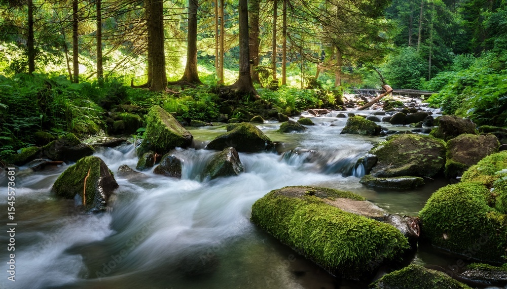 brook in the green forest rushing rapids water flows among mossy stones and trees beautiful parks and outdoors nature background in summer stunning carpathian ecosystem brook in the green forest rushing rapids water flows among mossy stones and trees beautiful parks and outdoors nature background in summer stunning carpathian ecosystem