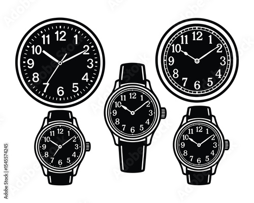 A collection of wristwatches and clocks, featuring various timepiece illustrations. Vector set for timekeeping and accessory themes.