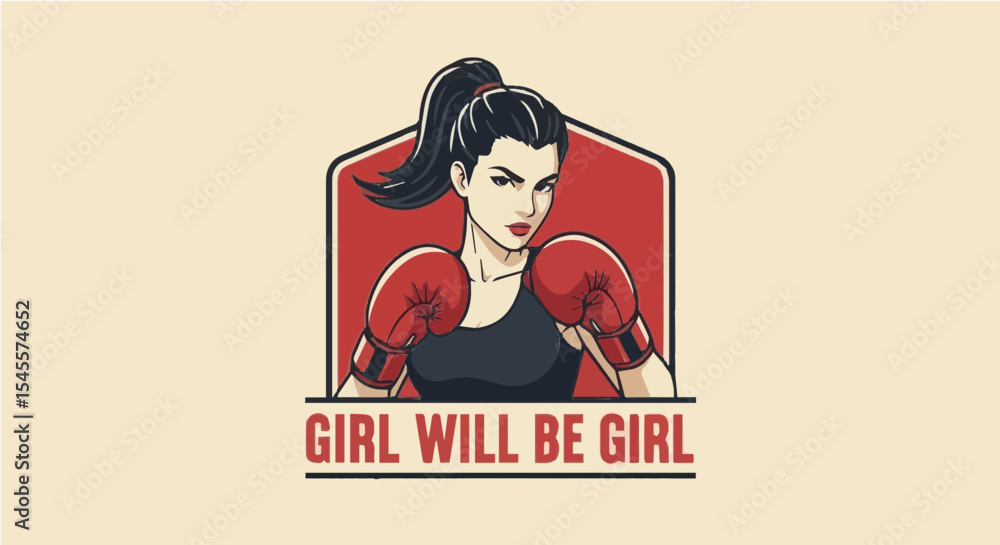 Obraz premium Fierce girl boxer in red gloves with empowering slogan