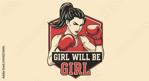Determined female boxer in guard stance with feminist quote